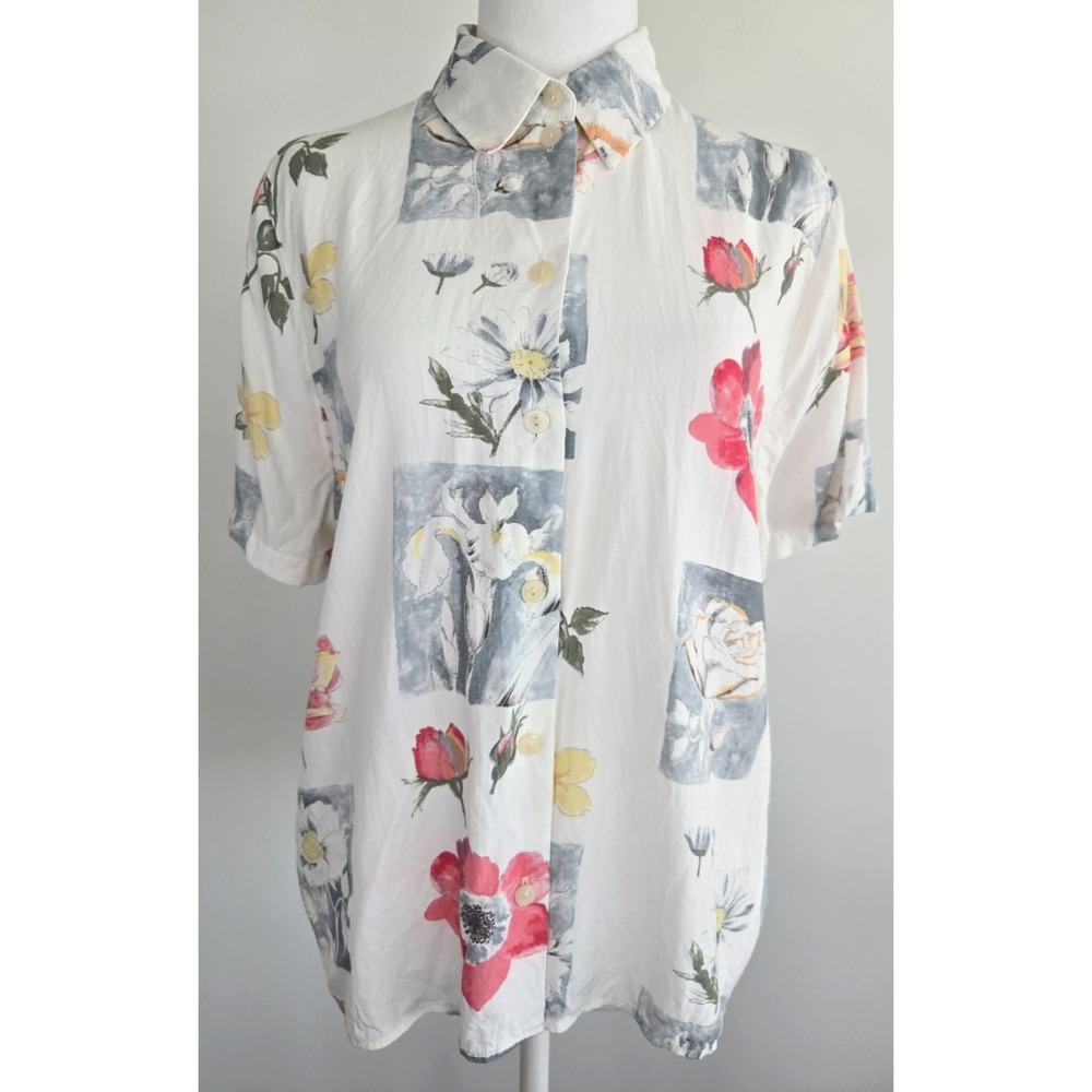 Vintage Steilmann Rayon Blouse Camp Shirt Short Sleeves White Pink Grey Floral